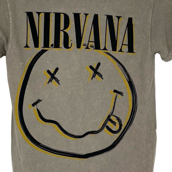 Officially Licensed Nirvana Nevermind Smiley Grunge Tee Beige Acid Wash Small - Picture 4 of 5